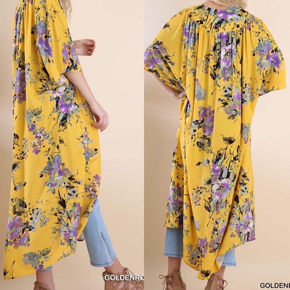 Floral Duster Long Kimono Open Front Honey coverup floral yellow